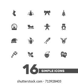 Set Of 16 Holiday Icons Set.Collection Of Mitten, Gnome, Firework And Other Elements.