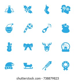 Set Of 16 Holiday Icons Set.Collection Of Gnome, Sack, Santa Sleigh And Other Elements.