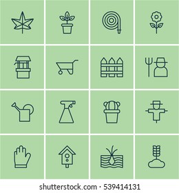 Set Of 16 Holticulture Icons. Includes Cereal, Birdhouse, Bugbear And Other Symbols. Beautiful Design Elements.