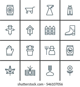 Set Of 16 Holticulture Icons. Includes Fertilizer, Grower, Wheelbarrow And Other Symbols. Beautiful Design Elements.