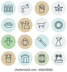 Set Of 16 Holticulture Icons. Includes Bucket, Farmhouse, Floweret And Other Symbols. Beautiful Design Elements.