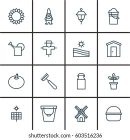 Set Of 16 Holticulture Icons. Includes Bailer, Meadow, Jug And Other Symbols. Beautiful Design Elements.