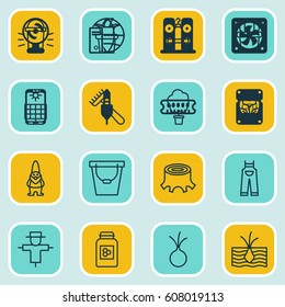 Set Of 16 Holticulture Icons. Includes Tree Stub, Dwarf, Growing Plant And Other Symbols. Beautiful Design Elements.