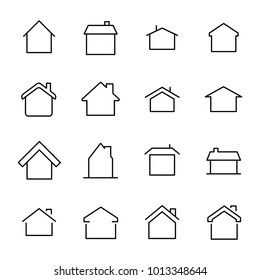 Set of 16 home thin line icons. High quality pictograms of house. Modern outline style icons collection. Building, estate, cottage, structure, etc.