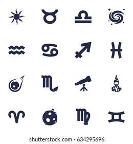 Set Of 16 Horoscope Icons Set.Collection Of Twins, Scales, Lunar And Other Elements.