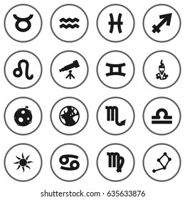 Set Of 16 Horoscope Icons Set.Collection Of Bull, Scales, Earth Planet And Other Elements.