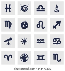 Set Of 16 Horoscope Icons Set.Collection Of Lunar, Fishes, Lion And Other Elements.