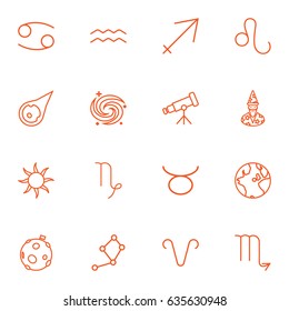 Set Of 16 Horoscope Outline Icons Set.Collection Of Taurus, Aqurius, Asteroid And Other Elements.