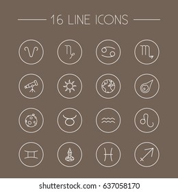 Set Of 16 Horoscope Outline Icons Set.Collection Of Asteroid, Telescope, Sagittarius And Other Elements.