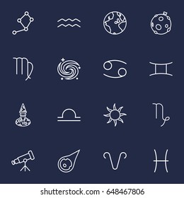 Set Of 16 Horoscope Outline Icons Set.Collection Of Sun, Galaxy, Telescope And Other Elements.