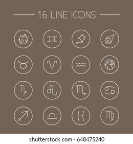 Set Of 16 Horoscope Outline Icons Set.Collection Of Constellation, Cancer, Virgo And Other Elements.