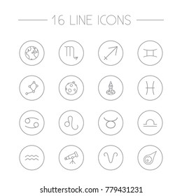 Set Of 16 Horoscope Outline Icons Set.Collection Of Aqurius, Moon, Astrologer And Other Elements.