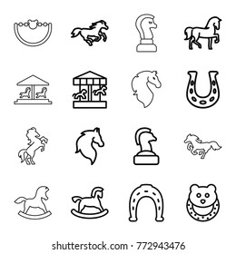 Set of 16 horse outline icons such as horse, horse toy, baby toy, horseshoe