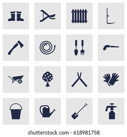 Set Of 16 Horticulture Icons Set.Collection Of Latex, Spray Bootle, Scissors And Other Elements.