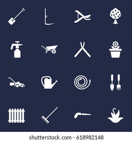 Set Of 16 Horticulture Icons Set.Collection Of Lawn Mower, Wheelbarrow, Watering Can And Other Elements.