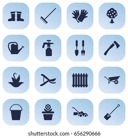 Set Of 16 Horticulture Icons Set.Collection Of Bucket, Rubber Boots, Pruner And Other Elements.