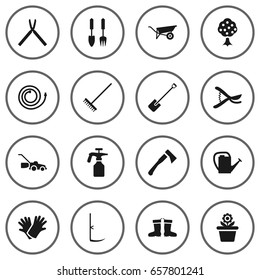 Set Of 16 Horticulture Icons Set.Collection Of Cutter, Rake, Latex And Other Elements.