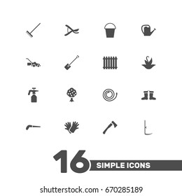 Set Of 16 Horticulture Icons Set.Collection Of Lawn Mower, Fence, Garden And Other Elements.