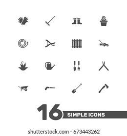 Set Of 16 Horticulture Icons Set.Collection Of Rake, Fence, Hacksaw And Other Elements.