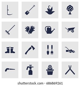 Set Of 16 Horticulture Icons Set.Collection Of Axe, Lawn Mower, Plant And Other Elements.