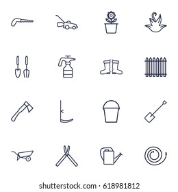 Set Of 16 Horticulture Outline Icons Set.Collection Of Instruments, Pail, Atomizer And Other Elements.