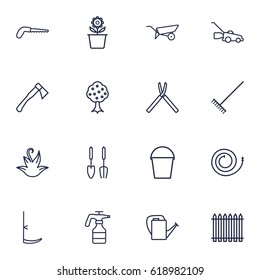 Set Of 16 Horticulture Outline Icons Set.Collection Of Plant Pot, Firehose, Harrow And Other Elements.