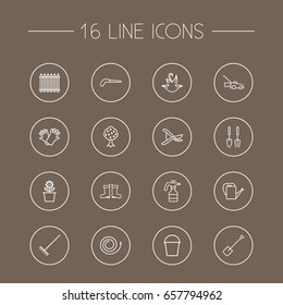 Set Of 16 Horticulture Outline Icons Set.Collection Of Herb, Safer Of Hand , Plant Pot Elements.