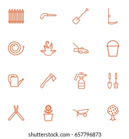 Set Of 16 Horticulture Outline Icons Set.Collection Of Instruments, Spade, Hatchet And Other Elements.