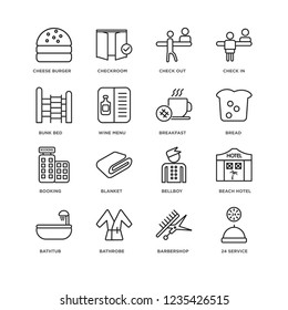 Set Of 16 Hotel and Restaurant linear icons such as 24 Service, Barbershop, Bathrobe, Bathtub, Beach Hotel, Cheese burger, Bunk bed, Booking, Breakfast, editable stroke icon pack, pixel perfect