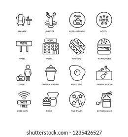 Set Of 16 Hotel and Restaurant linear icons such as Extinguisher, Five stars, Food, Free wifi, Fried chicken, Lounge, Hotel, Guest, Hot dog, editable stroke icon pack, pixel perfect