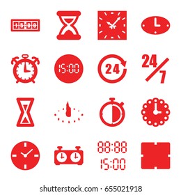 set of 16 hour filled icons such as clock, 24 hours, hourglass, wall clock, digital time, sundial, digital clock, alarm, stopwatch