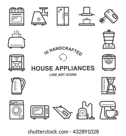 Set of 16  house appliances icons made in line art style.