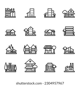  Set 16 of house and building icon designs with various models, houses. hospitals. factories. apartments. garages. trees. shops. restaurants. parking buildings. buildings.