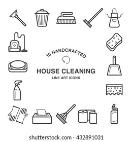 Set Of 16  House Cleaning Icons Made In Line Art Style.