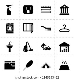 Set of 16 house filled icons such as spray bottle, vacuum cleaner, sponge, brush, sink, wiping, dust brush, tent, washing machine, window, warm floor, plastering, hanger