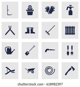 Set Of 16 Household Icons Set.Collection Of Hacksaw, Fence, Pruner And Other Elements.