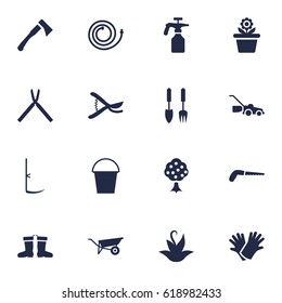 Set Of 16 Household Icons Set.Collection Of Scissors, Garden Hose, Bucket And Other Elements.