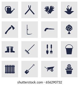 Set Of 16 Household Icons Set.Collection Of Axe, Wheelbarrow, Garden And Other Elements.
