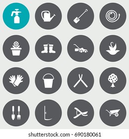 Set Of 16 Household Icons Set.Collection Of Flowerpot, Lawn Mower, Scissors And Other Elements.