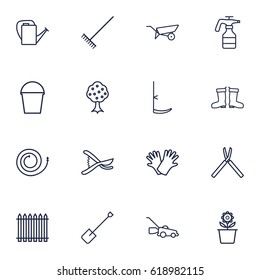 Set Of 16 Household Outline Icons Set.Collection Of Garden, Grass-Cutter, Harrow And Other Elements.