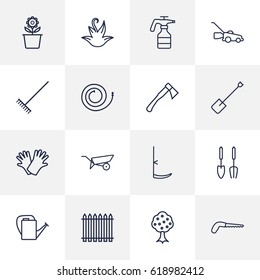 Set Of 16 Household Outline Icons Set.Collection Of Spade, Hatchet, Instruments And Other Elements.