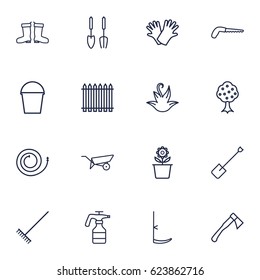 Set Of 16 Household Outline Icons Set.Collection Of Garden, Scythe, Firehose And Other Elements.