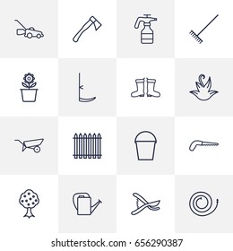 Set Of 16 Household Outline Icons Set.Collection Of Atomizer, Plant Pot, Palisade And Other Elements.