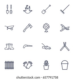Set Of 16 Household Outline Icons Set.Collection Of Garden, Pail, Plant Pot And Other Elements.