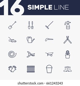Set Of 16 Household Outline Icons Set.Collection Of Secateurs, Waterproof Shoes, Harrow And Other Elements.