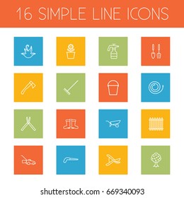 Set Of 16 Household Outline Icons Set.Collection Of Shears, Herb, Harrow And Other Elements.