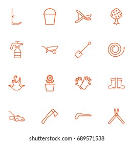 Set Of 16 Household Outline Icons Set.Collection Of Scythe, Waterproof Shoes, Safer Of Hand Elements.