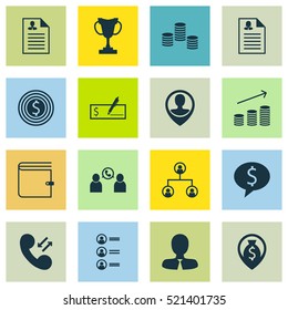 Set Of 16 Hr Icons. Can Be Used For Web, Mobile, UI And Infographic Design. Includes Elements Such As Profile, Structure, Purse And More.