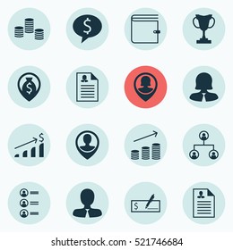 Set Of 16 Hr Icons. Can Be Used For Web, Mobile, UI And Infographic Design. Includes Elements Such As Career, Money, Prize And More.