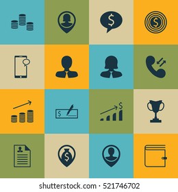 Set Of 16 Hr Icons. Can Be Used For Web, Mobile, UI And Infographic Design. Includes Elements Such As Money, Phone, Purse And More.